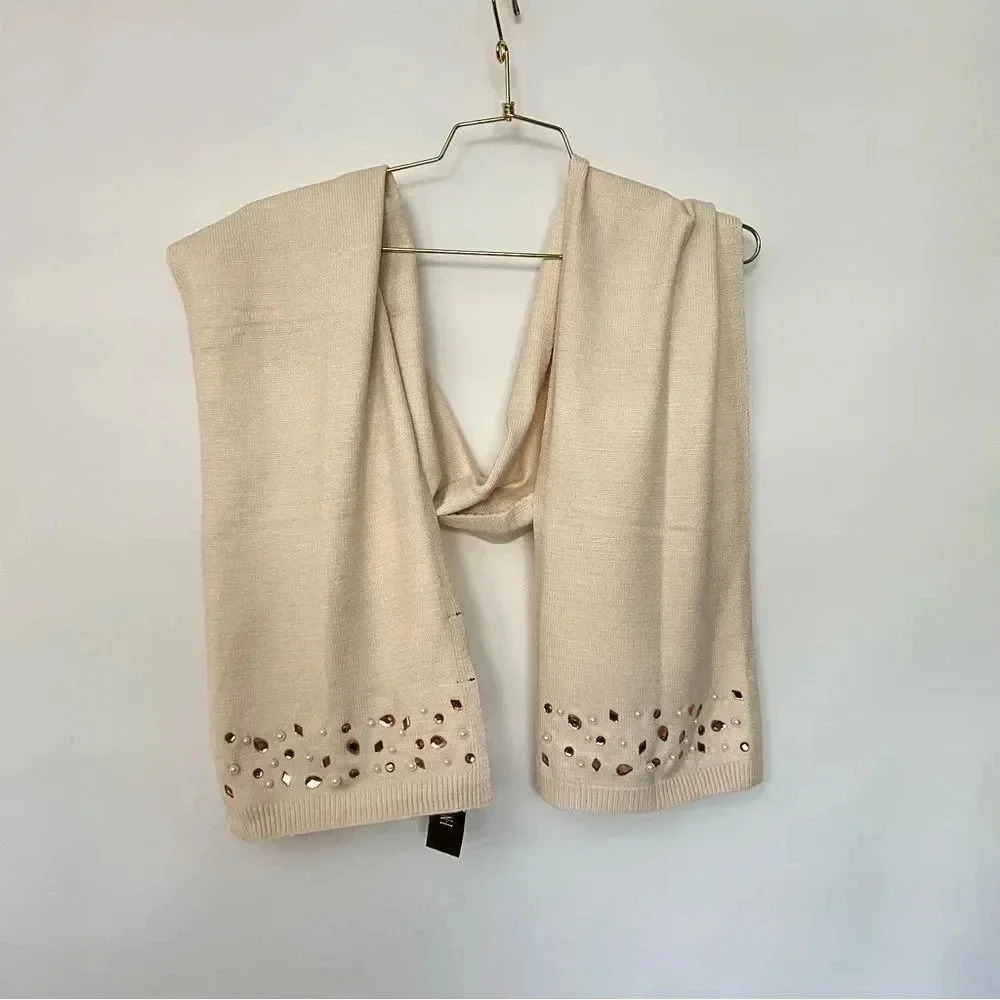 INC International Concepts Scarf Jeweled Embellishments Color Ivory Soft Cozy